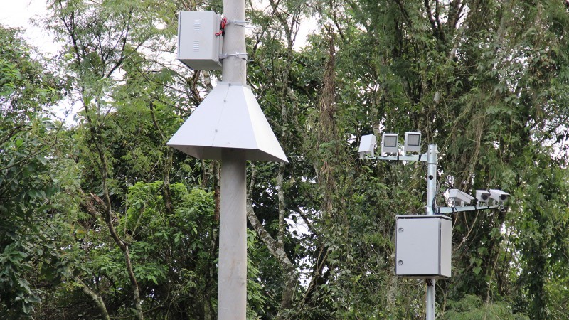 A foto mostra radares fixos, conhecidos como pardais, instalados às margens de uma rodovia. Ao fundo, árvores