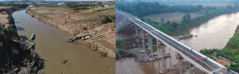 Imagem dividida mostra ponte da ERS-130 caída por causa da enchente e a nova ponte construída.