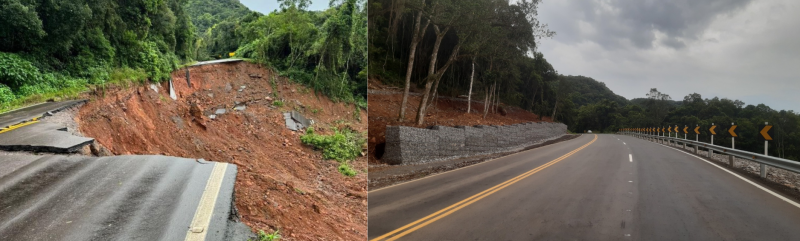Imagem dividida ao meio mostra o Km 88 da ERS-129 destruído e a imagem da rodovia reconstruída entregue pelo Governo do RS.